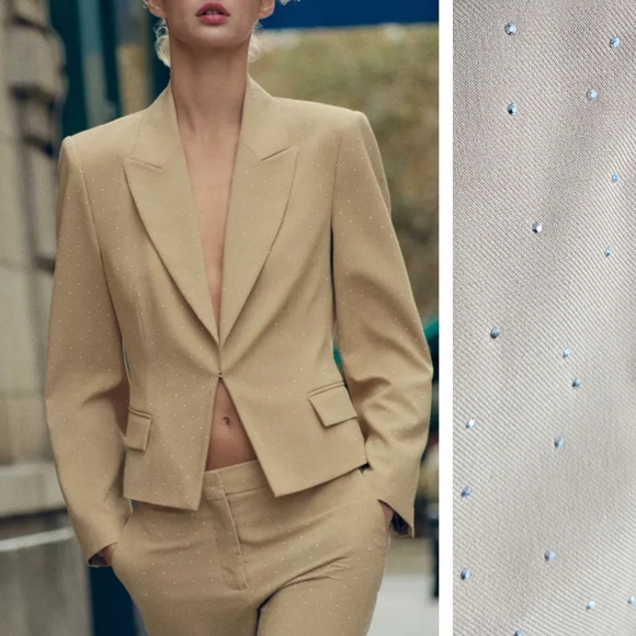 New Zara embellished rhinestone semi dropped blazer beige tan neutral sparkle - Picture 12 of 15